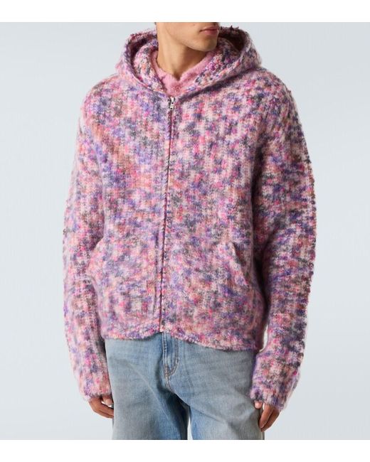 ERL Purple Hooded Wool, Mohair, And Cotton-Blend Cardigan for men