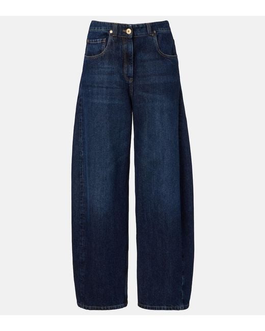 Brunello Cucinelli Blue Leather-Trimmed Barrel-Leg Jeans