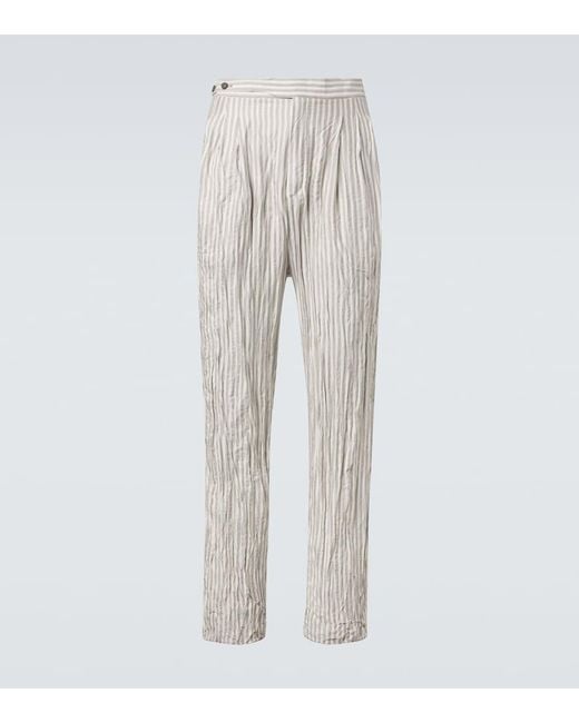 Zegna White Striped Silk Straight Pants for men