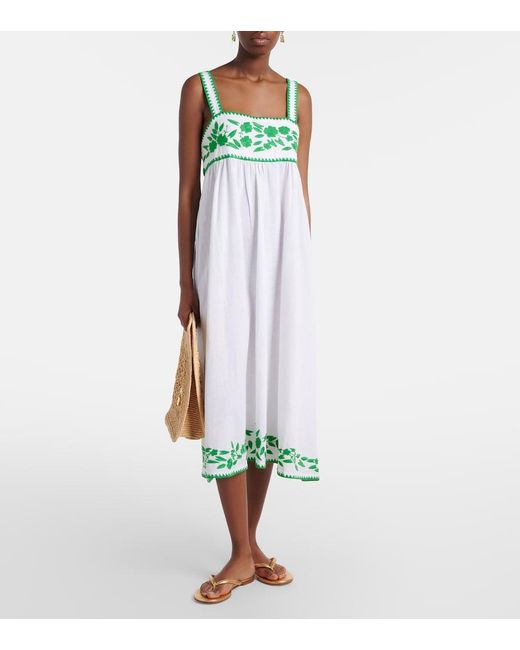 Juliet Dunn White Embroidered Cotton And Linen Midi Dress