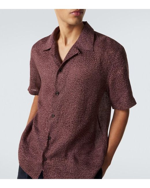 Brioni Brown Printed Linen Bowling Shirt for men