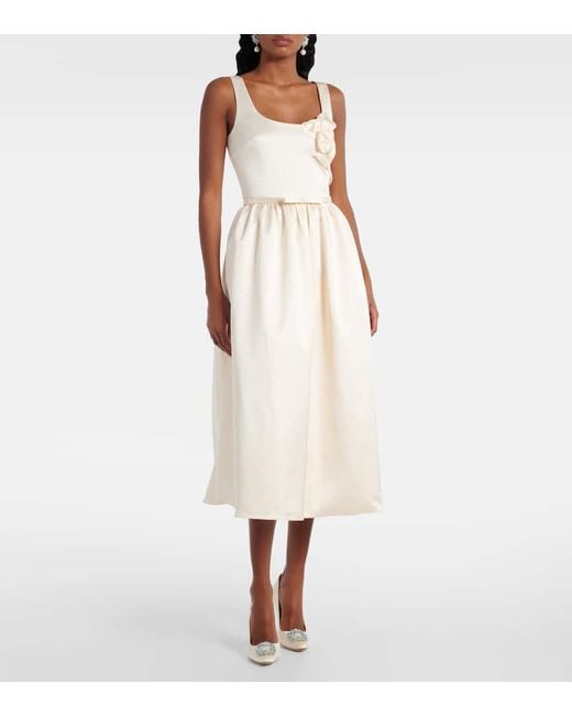 Self-Portrait White Bridal Floral-Applique Satin Midi Dress