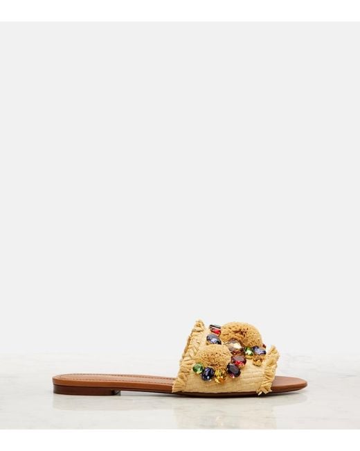 Dolce & Gabbana Brown Embellished Raffia-Effect Slides