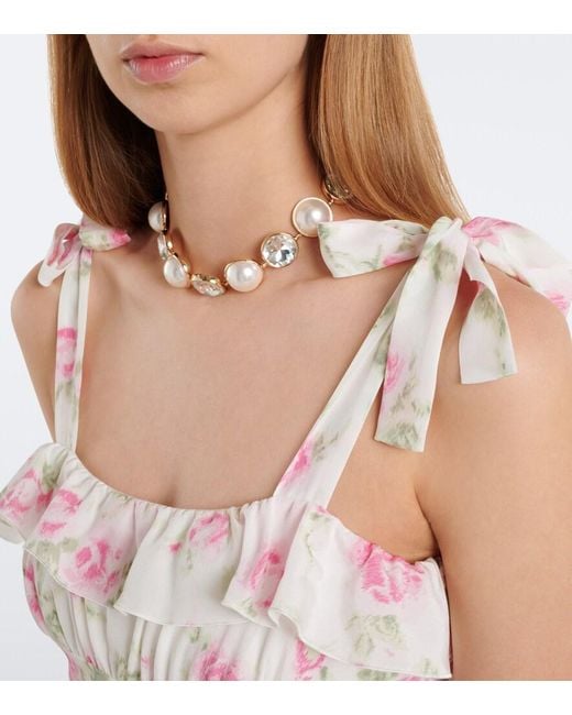 Alessandra Rich White Bow-Detail Floral Ruffled Silk Midi Dress