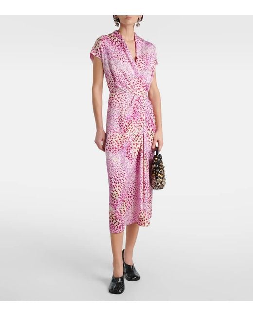 Dries Van Noten Pink Bedrucktes Midikleid Aus Satin