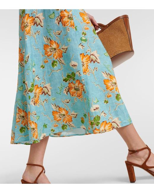 ALÉMAIS Blue Bedrucktes Midikleid Aus Leinen