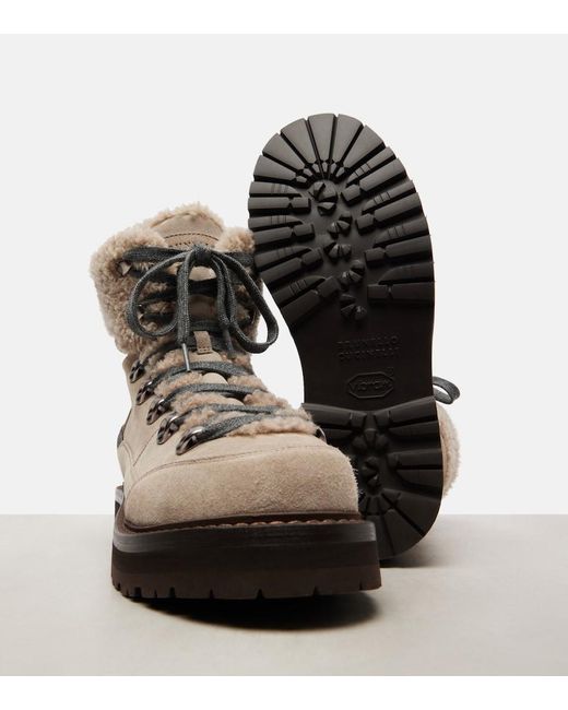 Brunello Cucinelli Gray Shearling-Trimmed Suede Lace-Up Boots
