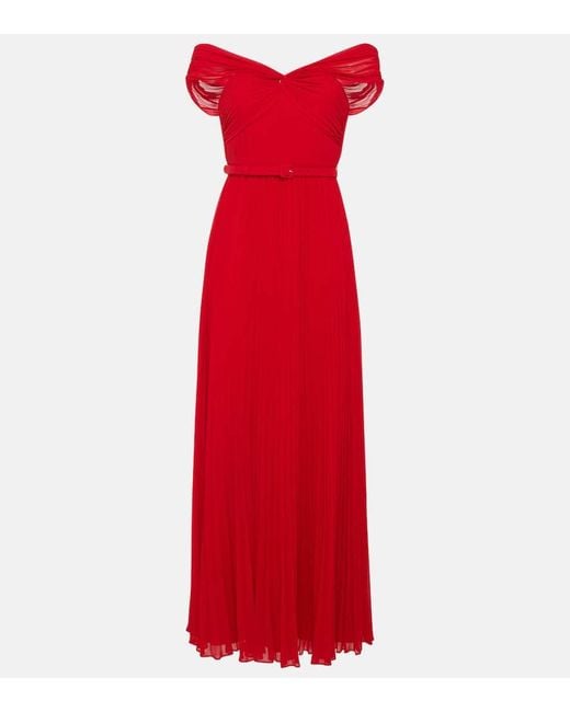 Self-Portrait Red Pleated Off-Shoulder Chiffon Gown