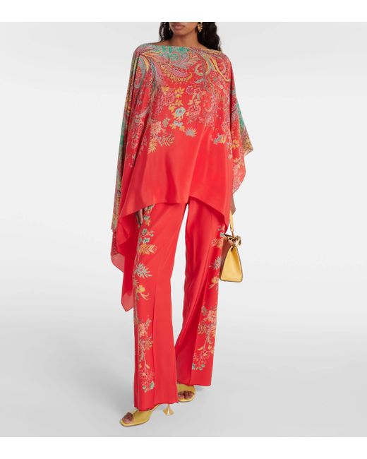 Etro Red Floral Silk Crepe De Chine Palazzo Pants