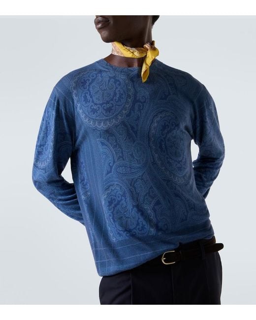 Etro Blue Paisley Silk And Cashmere Sweater for men