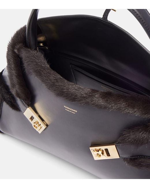 Ferragamo Black Hugh Medium Shearling-Trimmed Leather Shoulder Bag