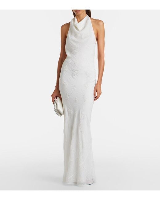 Staud White Roselle Beaded Halterneck Organza Maxi Dress