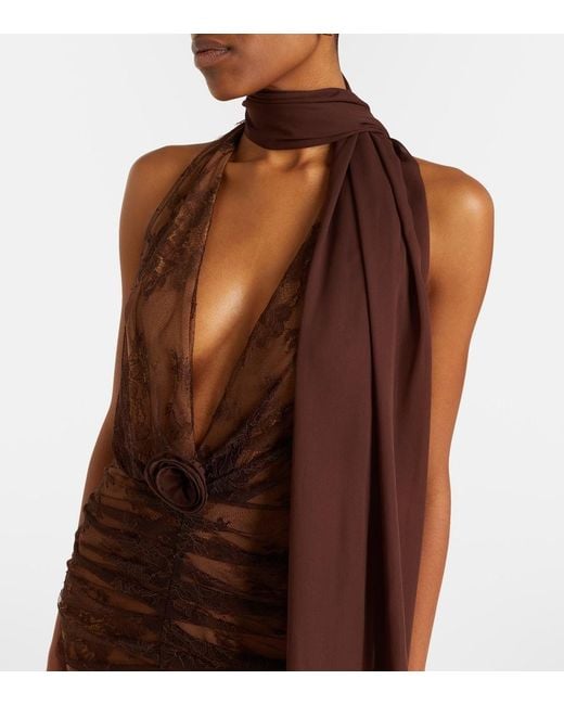 De La Vali Brown Amora Scarf-Detail Ruched Lace Maxi Dress