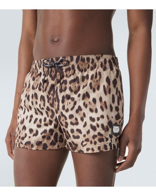 Dolce & Gabbana Brown Leopard-Print Swim Trunks for men