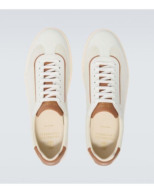 Brunello Cucinelli White Leather-Trimmed Suede Sneakers for men
