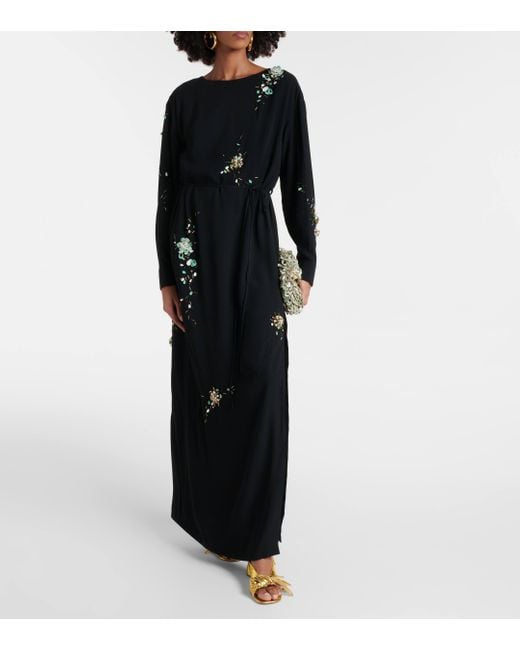 Dries Van Noten Black Embroidered Crepe Satin Gown