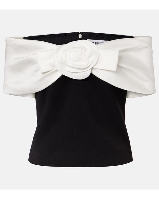 Self-Portrait Black Floral-Applique Off-Shoulder Crepe Top