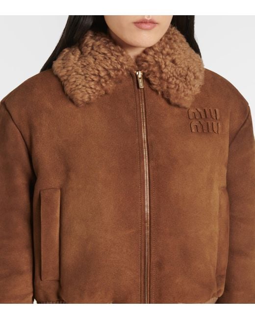 Miu Miu Brown Shearling-Trimmed Cropped Suede Jacket