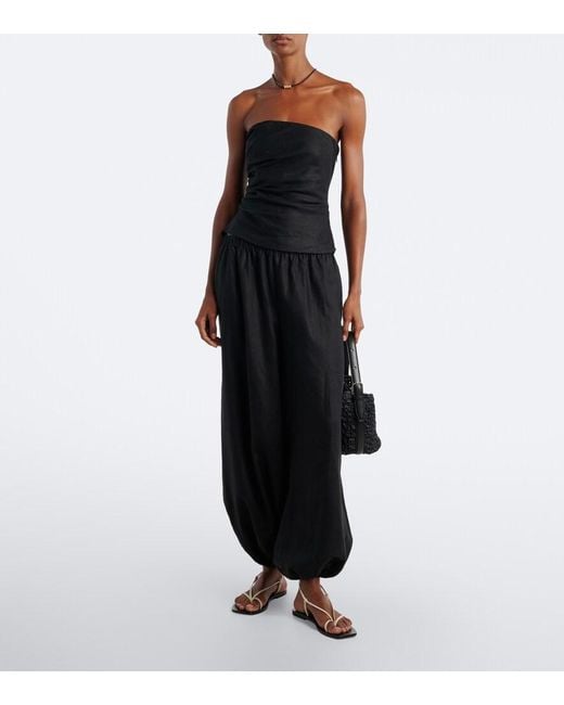 Faithfull The Brand Black Alzira Shirred Linen Strapless Top