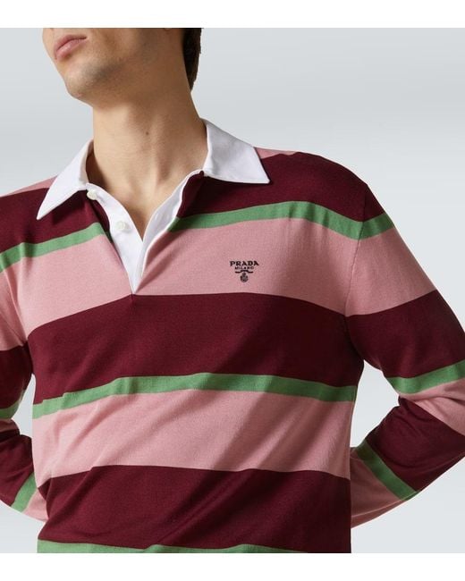 Polo De Seda Y Algodon A Rayas Prada de hombre de color Red