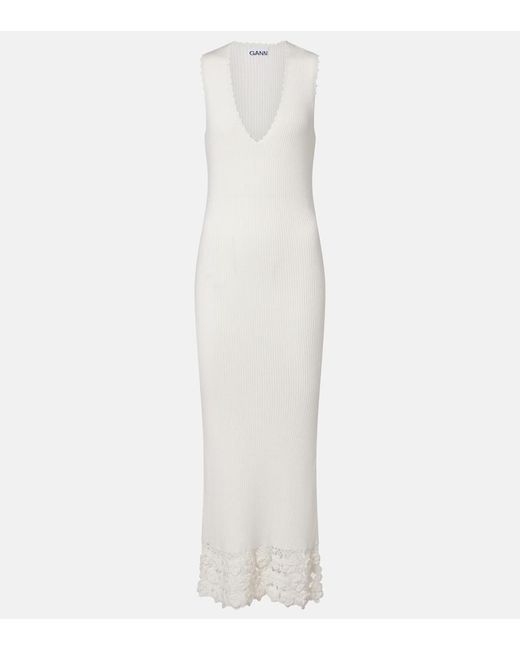 Ganni White Crochet-Trimmed Ribbed Cotton-Blend Midi Dress