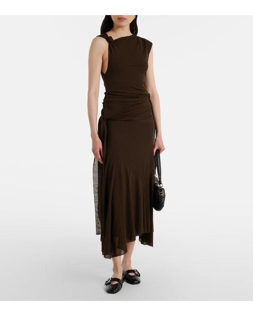 Ganni Brown Asymmetric Draped Mesh Midi Dress