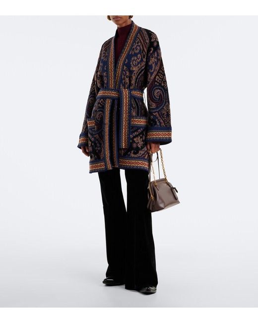 Etro Blue Jacquard Wool-Blend Wrap Cardigan