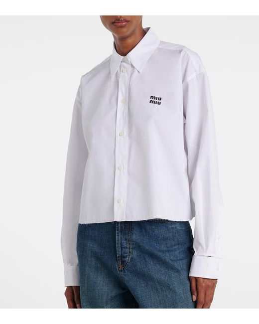 Camisa De Popelin De Algodon Cropped Miu Miu de color White