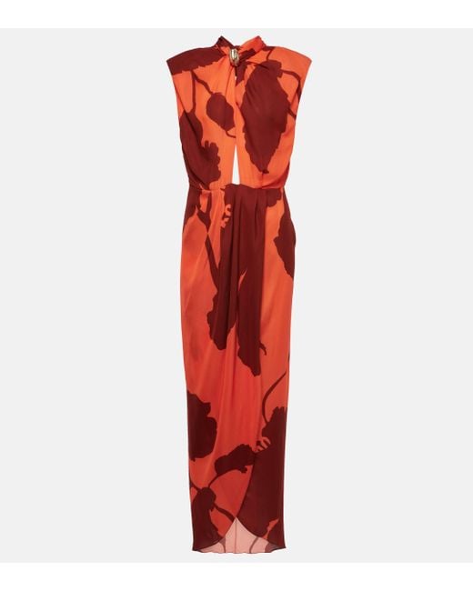 Johanna Ortiz Red Cutout Floral Silk Maxi Dress
