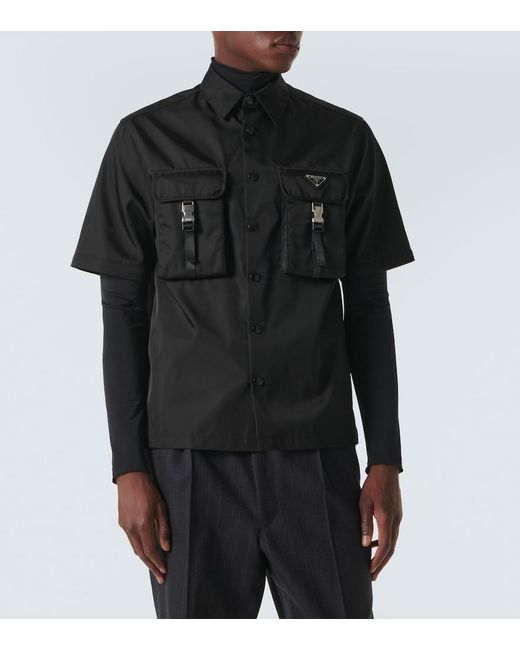 Camicia nera in re-nylon con logo di Prada in Black da Uomo