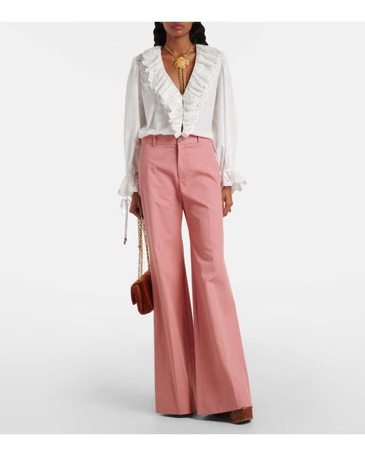 Pantalones Flared De Algodon De Tiro Alto Chloé de color Pink