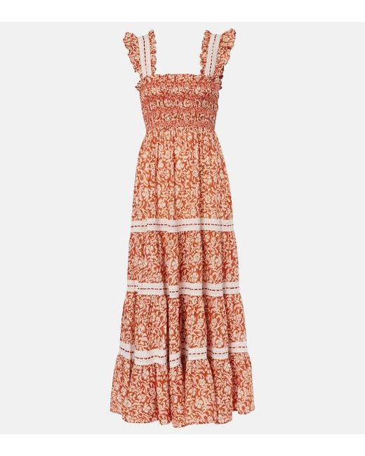 Rixo Orange Aubrie Floral Smocked Cotton Midi Dress