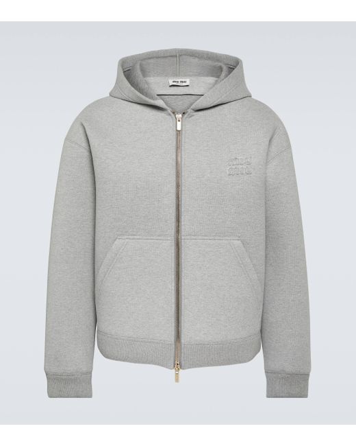 Miu Miu Gray Embroidered Cotton Jersey Hoodie for men