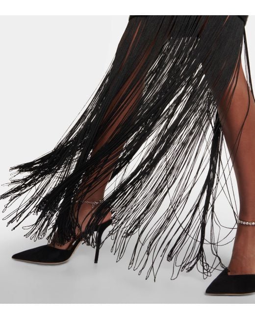 Costarellos Black Feather, Crochet And Fringe Dress
