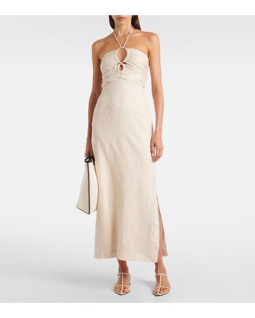 Faithfull The Brand White Tortugas Halterneck Linen Midi Dress