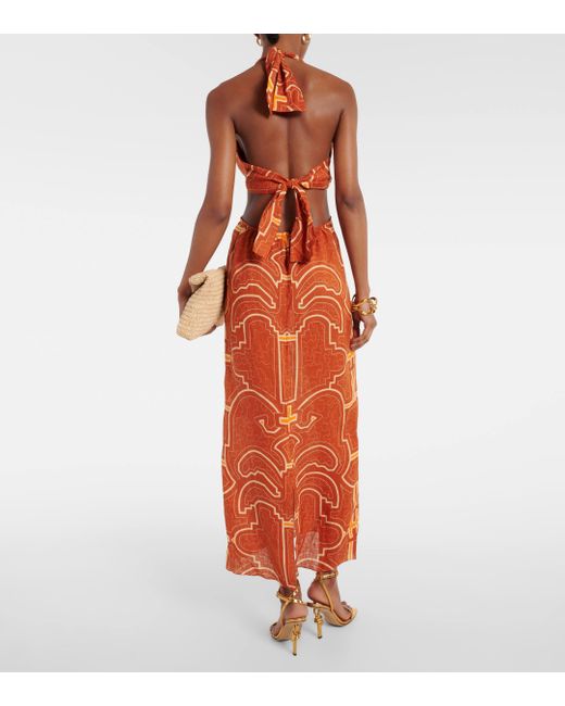 Johanna Ortiz Orange Printed Cutout Linen Maxi Dress
