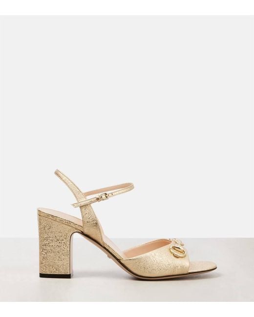 Gucci Natural Lady Horsebit Metallic Textured-Leather Sandals