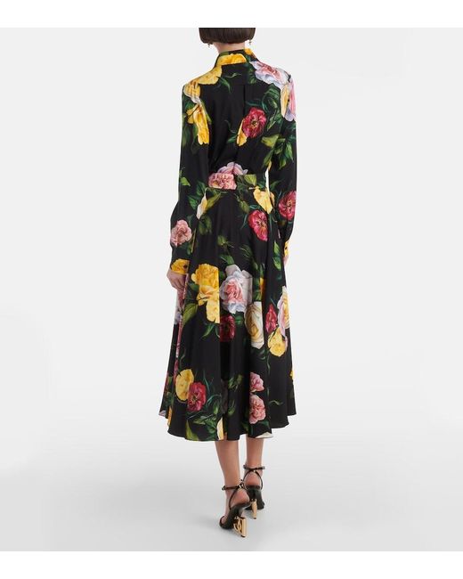 Dolce & Gabbana Black Peony And Rose- Charmeuse Calf-Length Circle Skirt