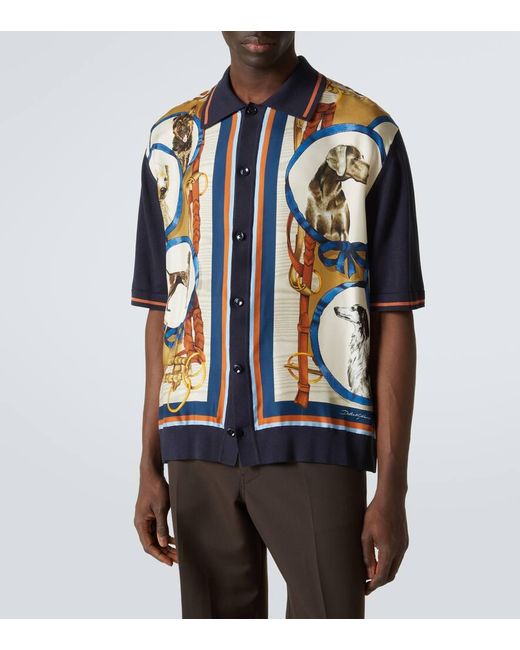 Dolce & Gabbana Blue Printed Silk And Cotton Bowling Shirt for men