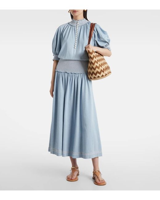 Zimmermann Blue Ascension Shirred Denim Midi Skirt