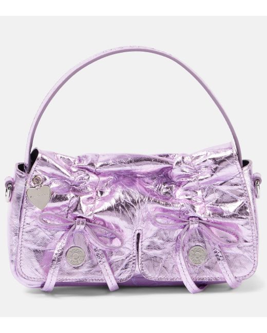 Acne Purple Bow-Detail Metallic Leather Shoulder Bag