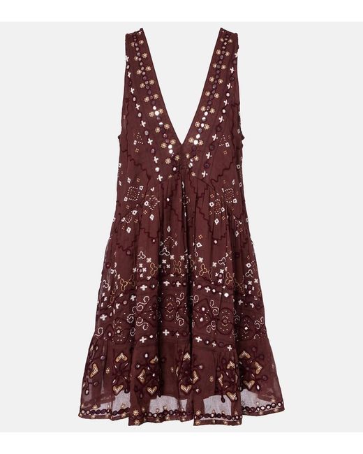 Juliet Dunn Purple Embroidered Cotton Minidress