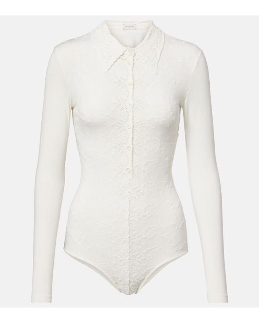 Magda Butrym White Embroidered Cotton-Blend Bodysuit