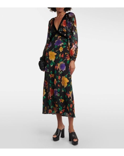 Rixo Black Ayla Floral-print Silk Midi Dress