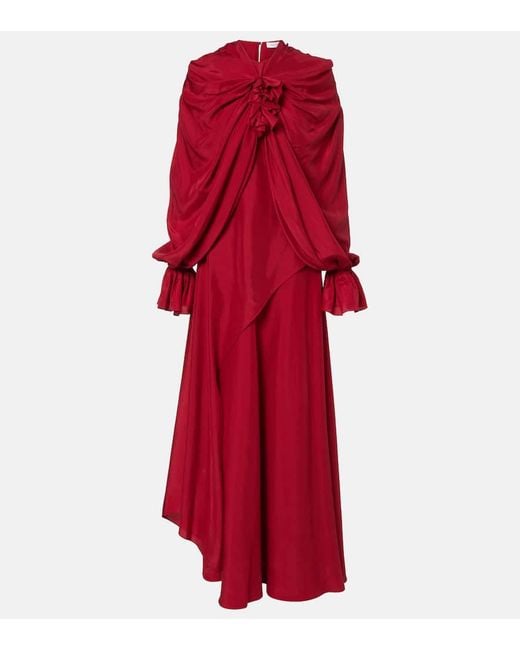 Alexander McQueen Red Draped Floral-Applique Silk Gown