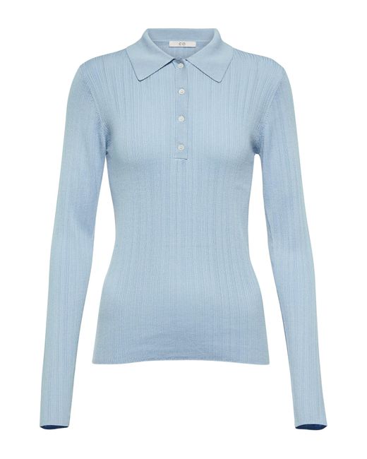 Co. Blue Ribbed-knit Silk Polo Top