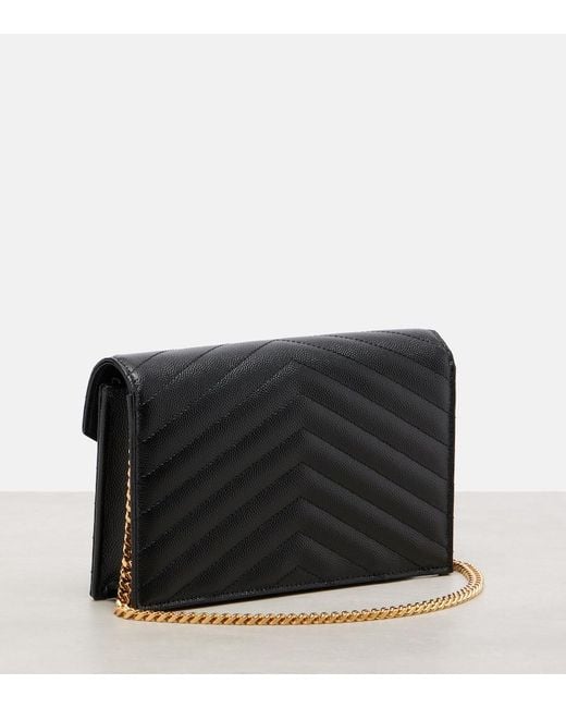 Saint Laurent Black Cassandre Envelope Small Leather Wallet On Chain