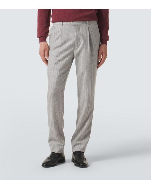 Brunello Cucinelli Gray Pinstripe Wool And Cashmere Tapered Pants for men
