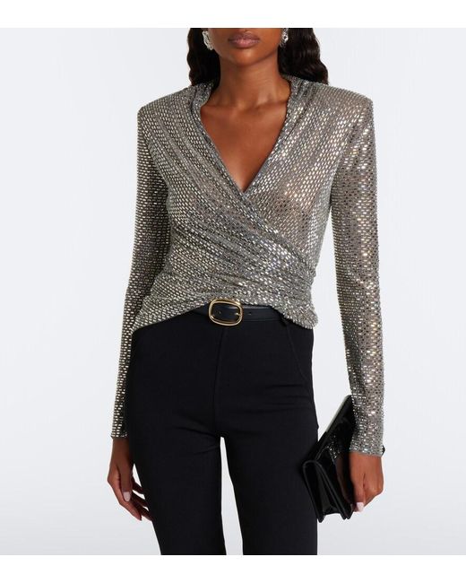 Self-Portrait Gray Rhinestone-Embellished Top