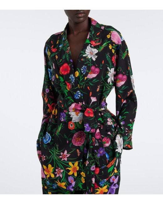 Gucci Blue Flora Belted Silk Crepe De Chine Shirt